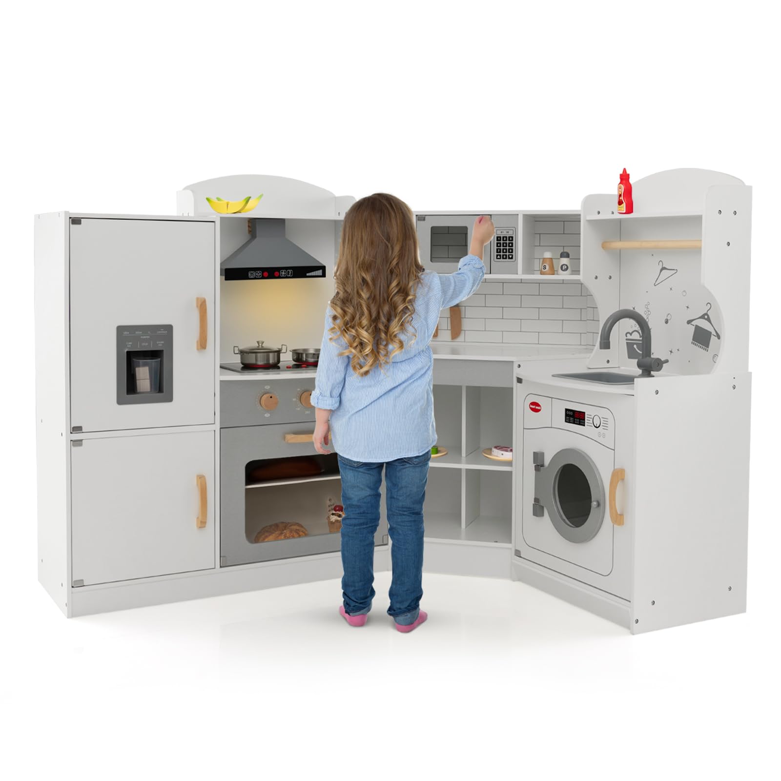 DREAMADE Cuisine Enfant avec Micro-Ondes, Cuisinière Électronique, Cuisine d 'angle en Bois avec Effets Lumineux et Sonores, Accessoires Riches, Jouet Dinettes pour 3+ Ans (Blanc