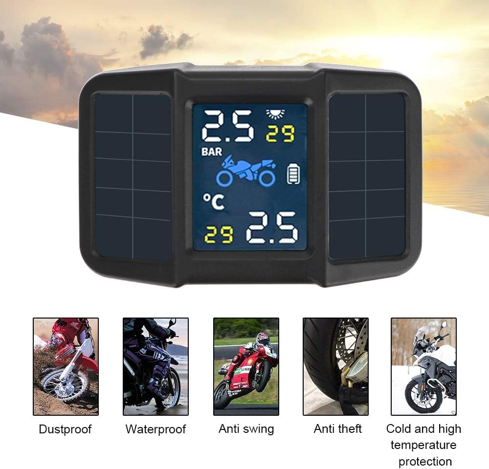 Motorcycle TPMS Tyre Pressure Temperature Monitoring Alarm System USB Solar Charging Motor Tire Pressure with 2 External Sensors