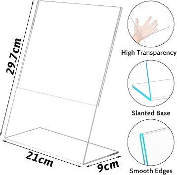 Viymgit A4 Acrylic Sign Holder, 4 Pack Clear Table Perspex Display Stand, Plastic Vertical L-Shape Menu Poster Holder for Restaurant, Office, Exhibition, Store