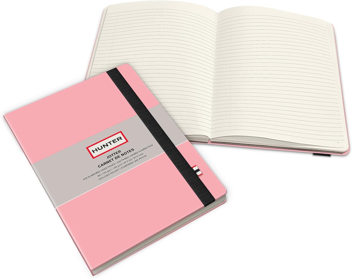 Hunter - Jotter Notebook, 10” X 7” Lined Journal With 208 B5 Size Pages for Work, Journaling, Writing, & Note Taking, Elastic Band & Inside Pocket for Loose Notes, Numbered Sheets, Purring Pink