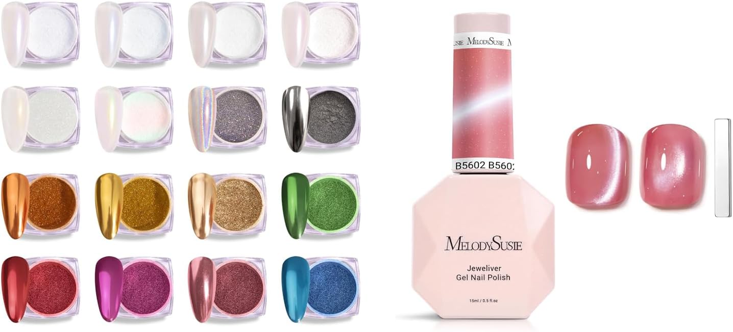 MelodySusie 16Pcs Chrome Nail Powder for Gel Nails Silky Cat Eye Gel Nail Polish