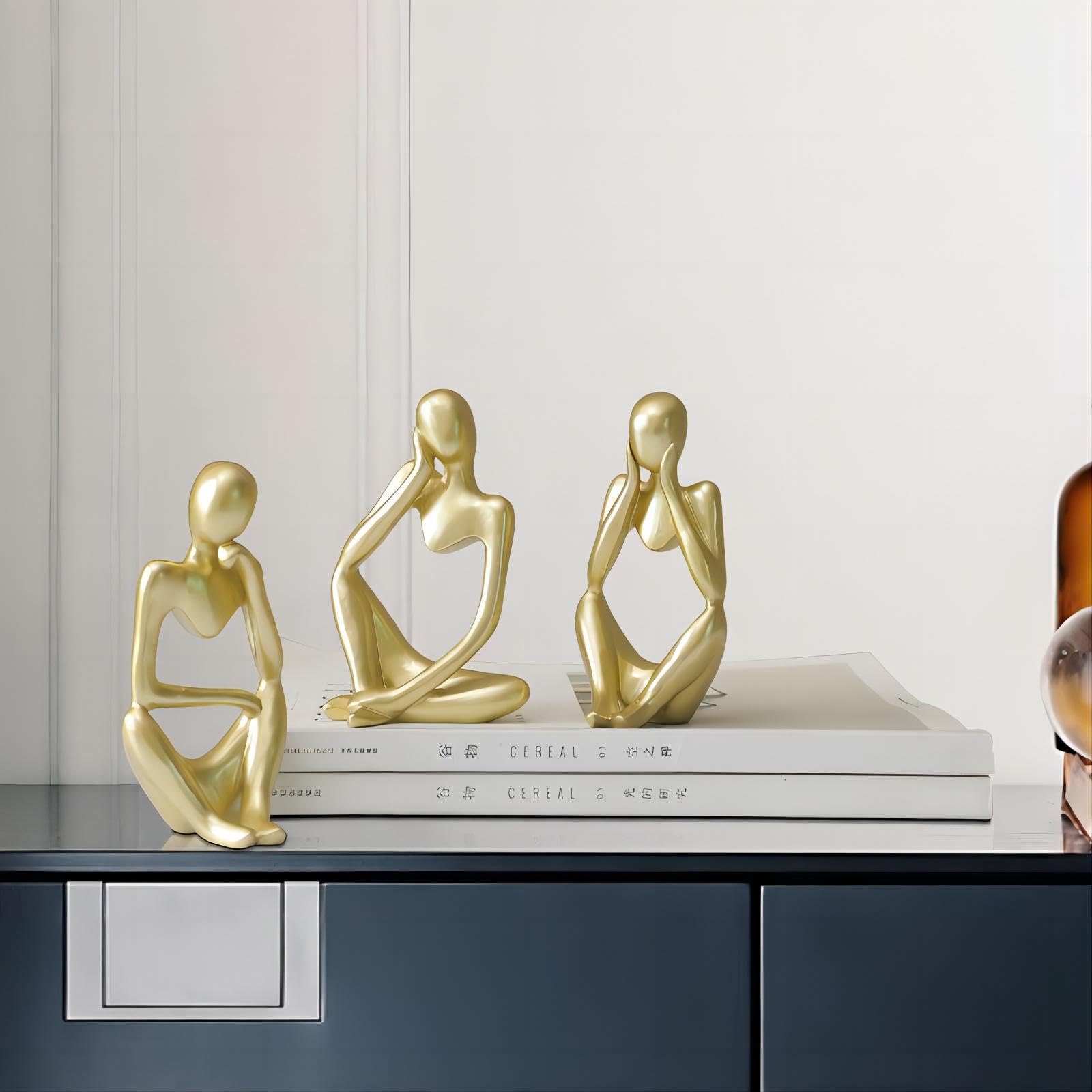 3PCS Thinker Statue Decor Abstract Art Sculpture, Collectible Figurines for Home Living Room Office Shelf Decoration,Great Gift Ideas (Gold)