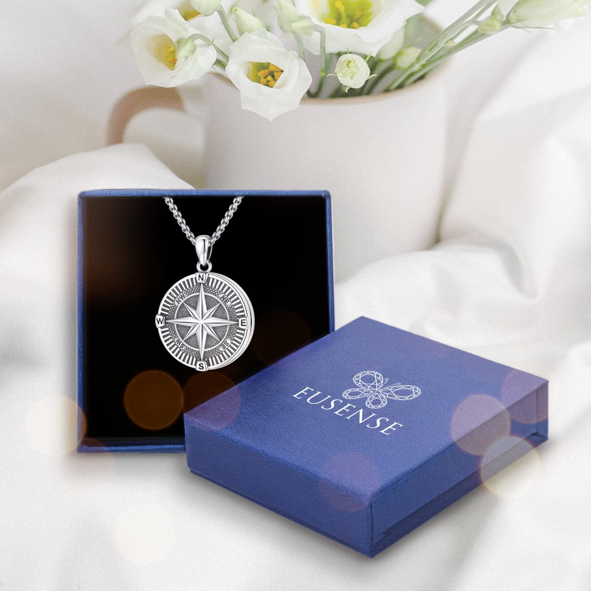 Eusense 925 Sterling Silber Kompass Halskette Kompass Anhänger Kette Geschenke Zum Vatertag Abschluss Geschenk Schmuck für Herren Damen