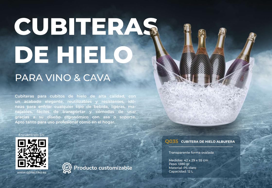 Seau à Glaçons Albufera 12L | Transparent et Ergonomique avec Poignée | Idéal pour Vin et Réceptions | Inclut Bague Anti-Goutte, Transparent, 40,5 x 29 x 24,55 cm, Plastique | Plastique PS, 40,5 x 29 x 24,5 cm, léger et résistant, pour boissons et bouteil