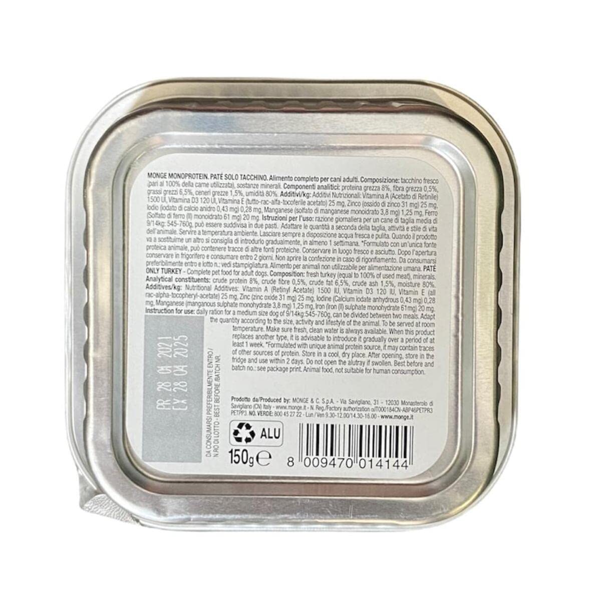 Monge Monoprotein Cibo umido per Cane solo Tacchino, naturalmente senza coloranti, conservanti e zuccheri aggiunti. Confezione da 24 vaschette (1 = 150gr.)