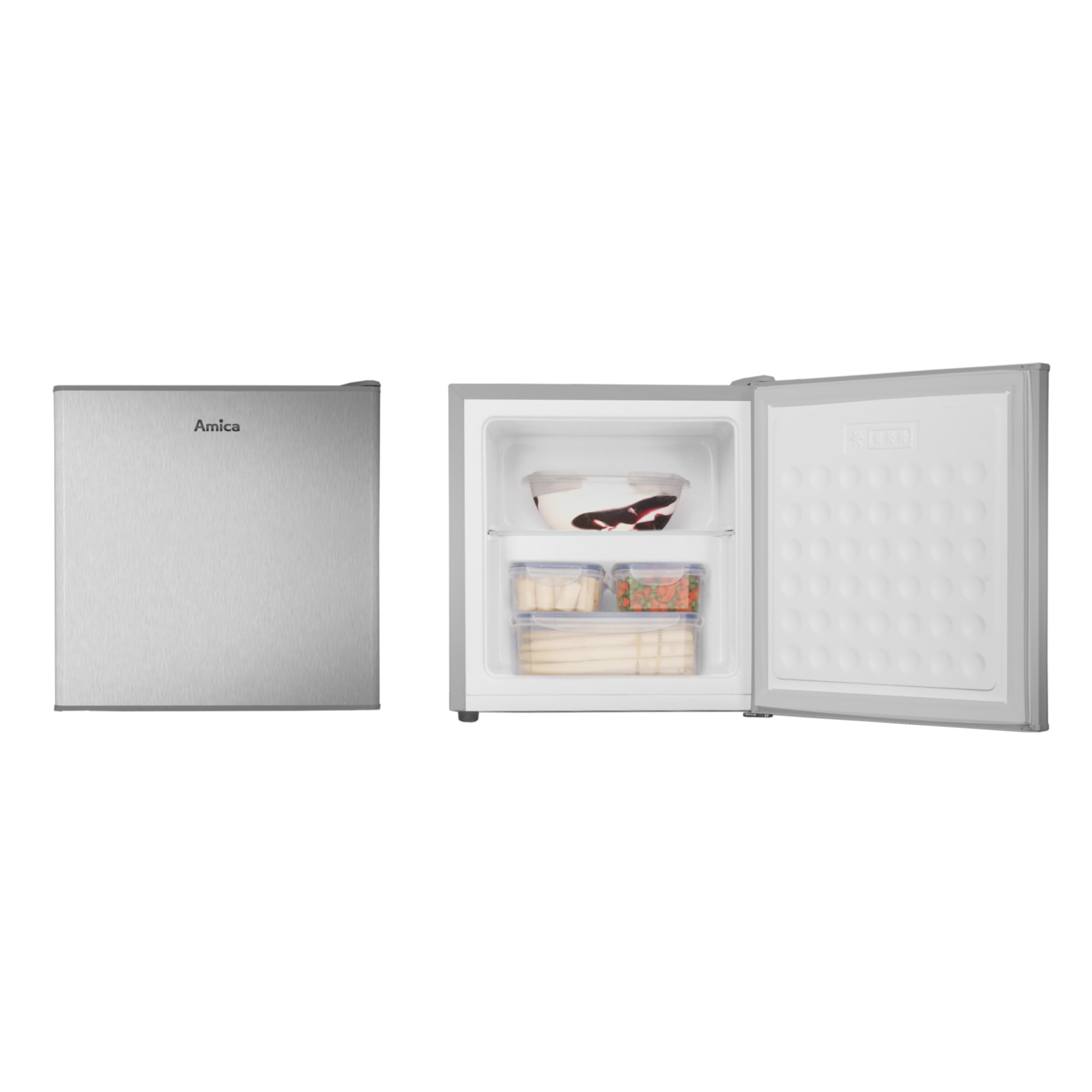 Amica Mini Gefrierschrank freistehend 50x48x44,5 cm 32L 4‑Sterne‑Gefrierfach mit Eiswürfelbehälter Freezer AGB 3010 E - Edelstahloptik