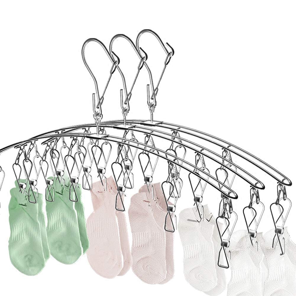 Paquete de 10 perchas de secado de ropa con 10 clips, colgadores de secado de ropa de acero inoxidable para calcetines, clip resistente al viento y colgador de goteo para secar calcetines, 5