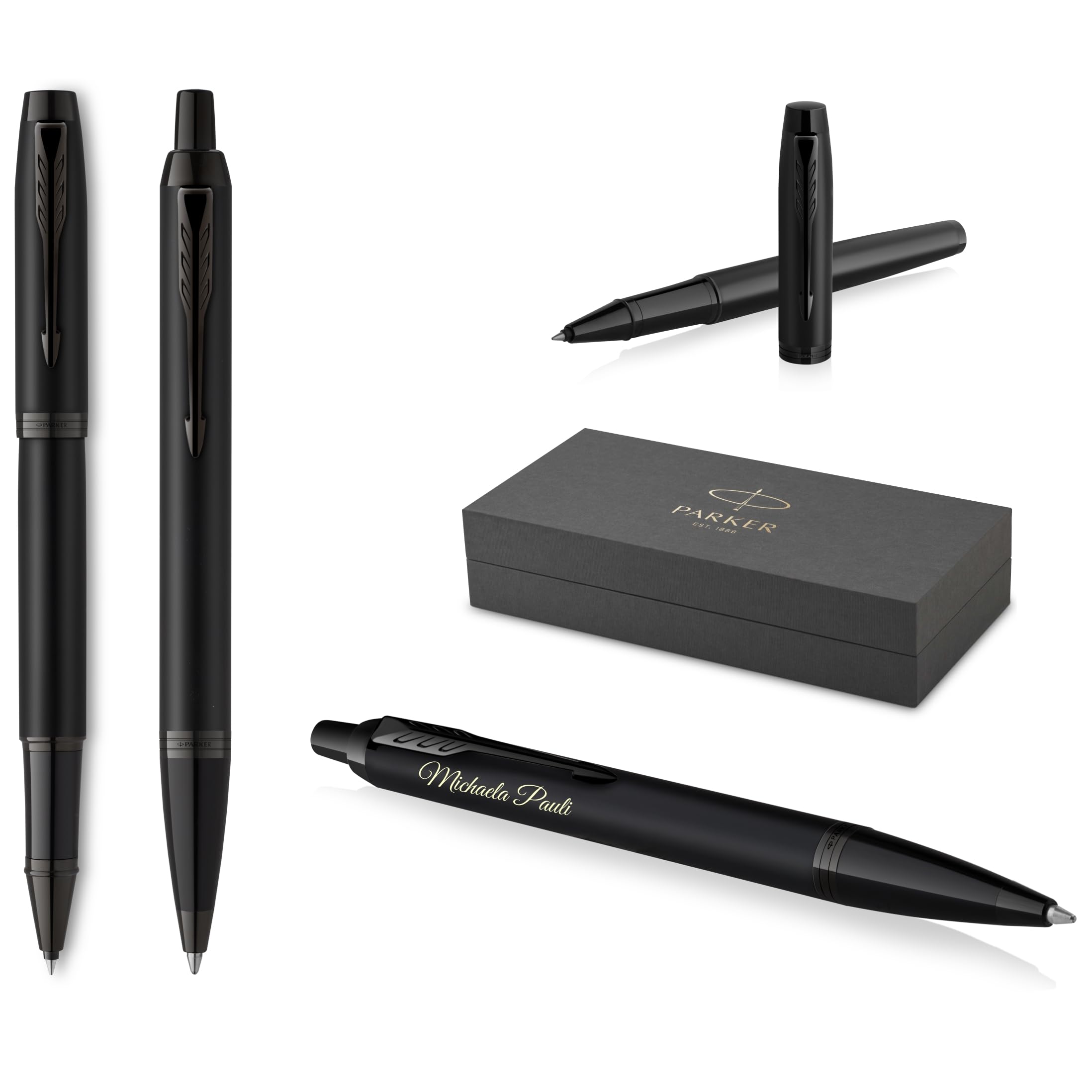 PARKER Set scrittura IM Professionals Acromatic penna a sfera e penna roller con incisione, penna premium | confezione regalo | personalizzabile, inciso, anniversario (nero opaco)