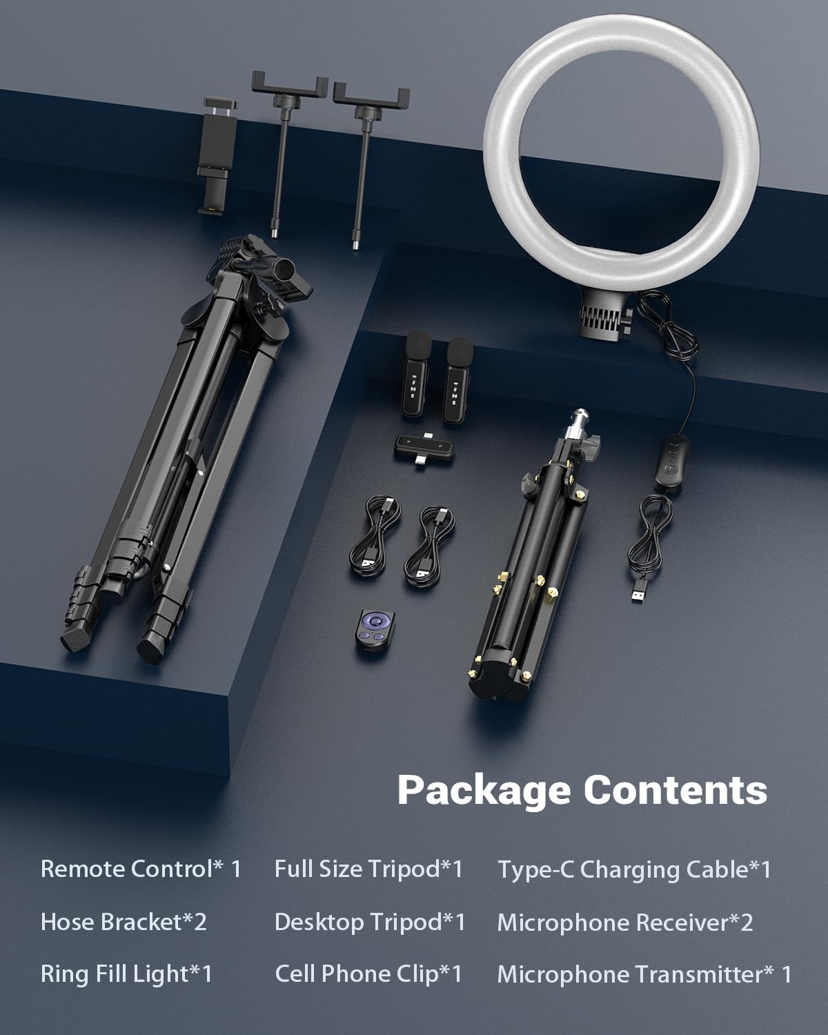 Kit di vlogging per iPhone/Android, anello luminoso per selfie da 25,4 cm con supporto, treppiede estensibile da 147 cm, treppiede da tavolo, microfono wireless, kit base per YouTube, Creatore di