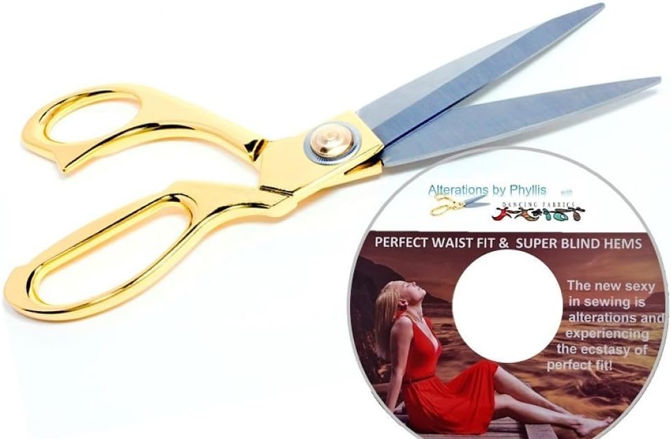 Sewing Scissors Shears For Fabric & Crafts From Dancing Fabrics Gold Handle 8-Inches Plus 6 Easy Alterations How-To Videos DVD Including Learn Secret Hem Stitch On Your Own Home Sewing Machine