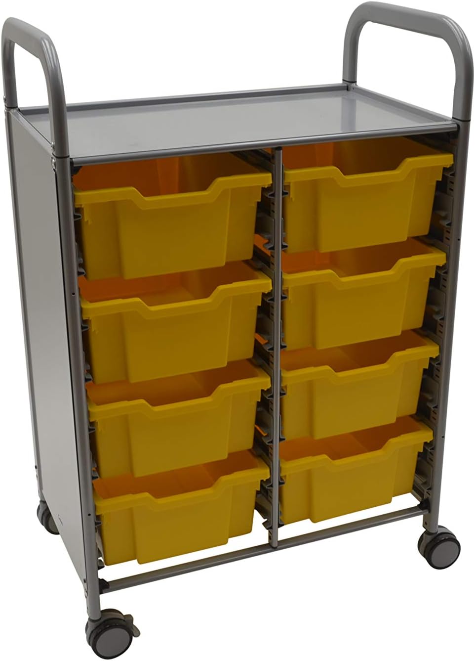 Gratnells Callero Plus Double Trolley, Stylish, Modern, Mobile Storage Unit/Cart with curve handles and 8 Sunshine Yellow Trays