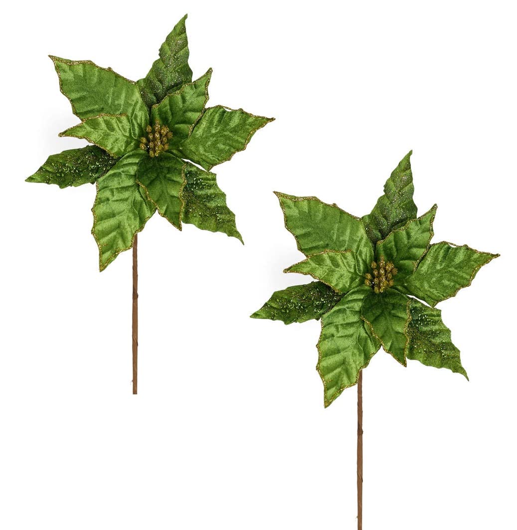 Factory Direct CraftPack of 2 Sparkling Emerald Velvet Artificial Poinsettia Stems Green Glittered Poinsettia Picks for Christmas Tree Decorations and Holiday Home Decor