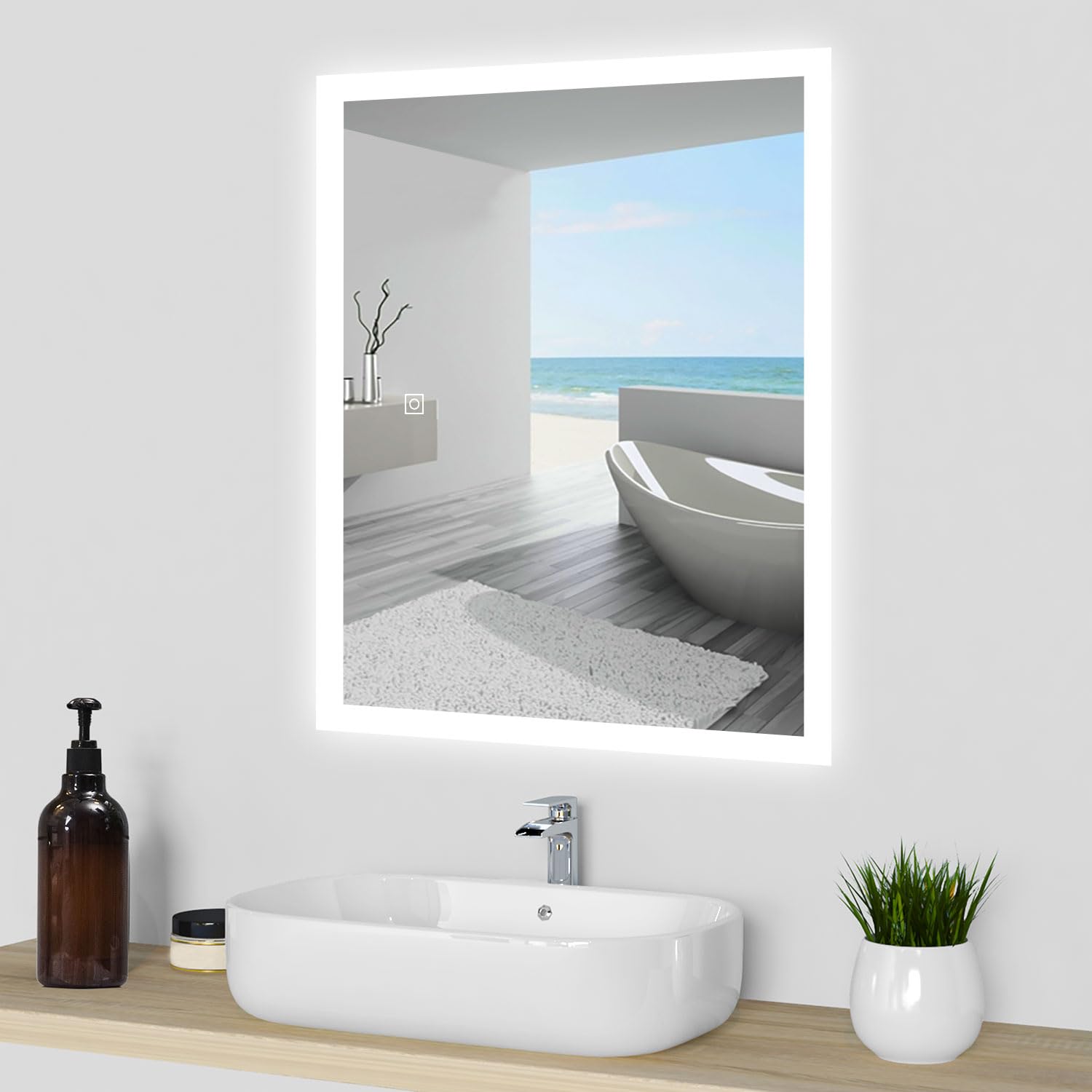 Acezanble 800 X 600 mm Illuminated LED Bathroom Mirror with Shaver Socket, Dimmable Light, Wall Mounted Smart Bathroom Vanity Mirror with Anti-fog Demister Wall Switch/Touch Switch Energy-Saving