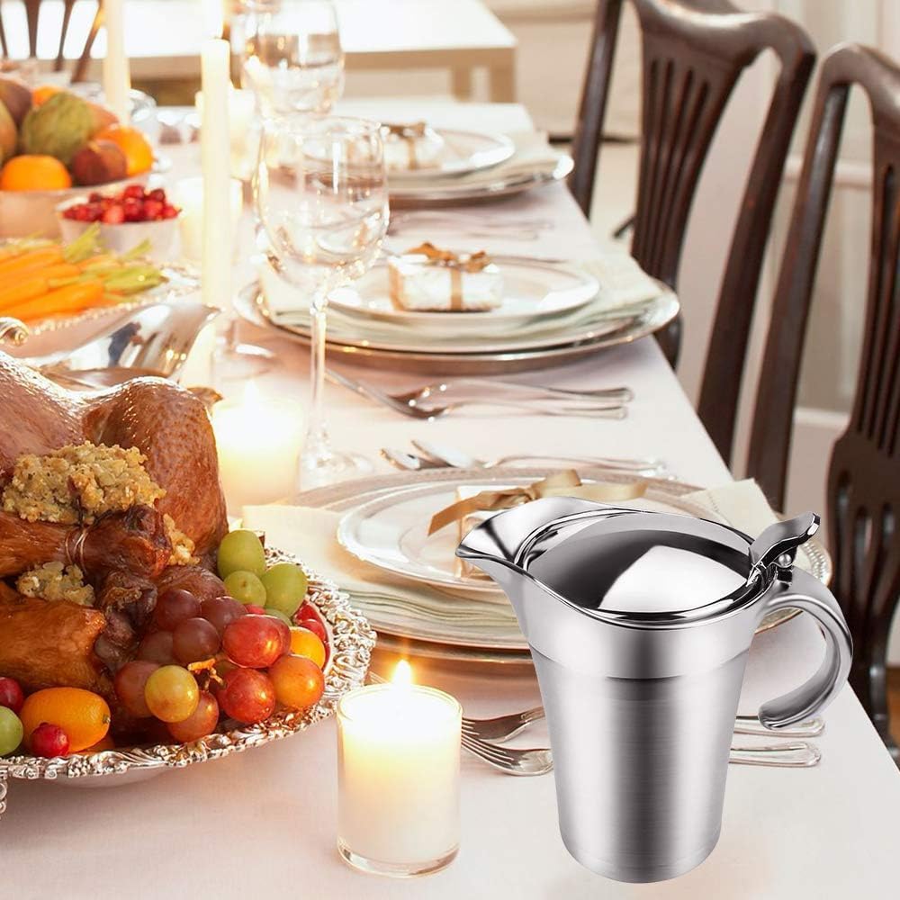 Edelstahl Sauciere 450ml, Doppelt Isoliert mit Klappdeckel Soßenkanne, Thermo-Sauciere mit Deckel, Eleganter Silberner Saucenkrug zum Servieren von Soße Vanillesoße Sahne Hause oder auf Dinnerpartys