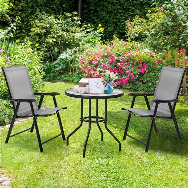 Yaheetech Ensemble de Bistrot Lot de 2 Chaises de Jardin Pliantes et Table de Jardin Ronde en Verre avec Trou pour Parasol et Plateau en Verre Salon de Jardin