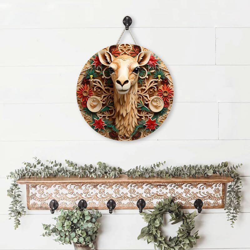 Vista 2 de Camel With Christmas Hat Decor Custom Wood Signs for Home Decor, Door Hanger Wood Sign, Hanging Sign Wall