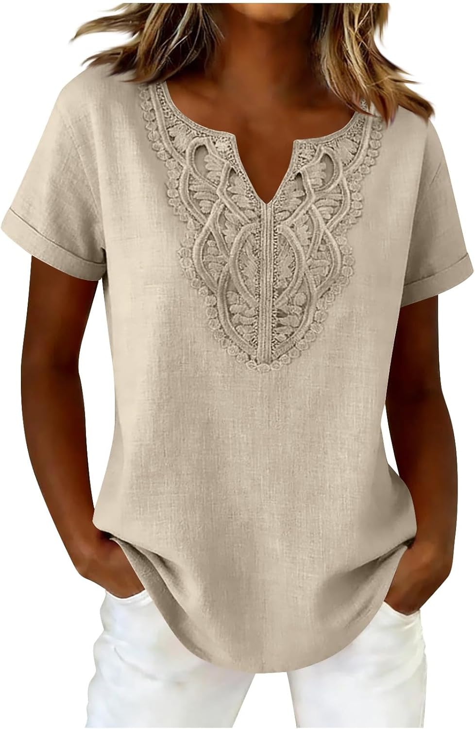 Cotton Linen Shirts for Women Short Sleeve Boho Peasant Tops Trendy Dressy Cut V Neck Lace Blouses Flowy Gauze Tunic