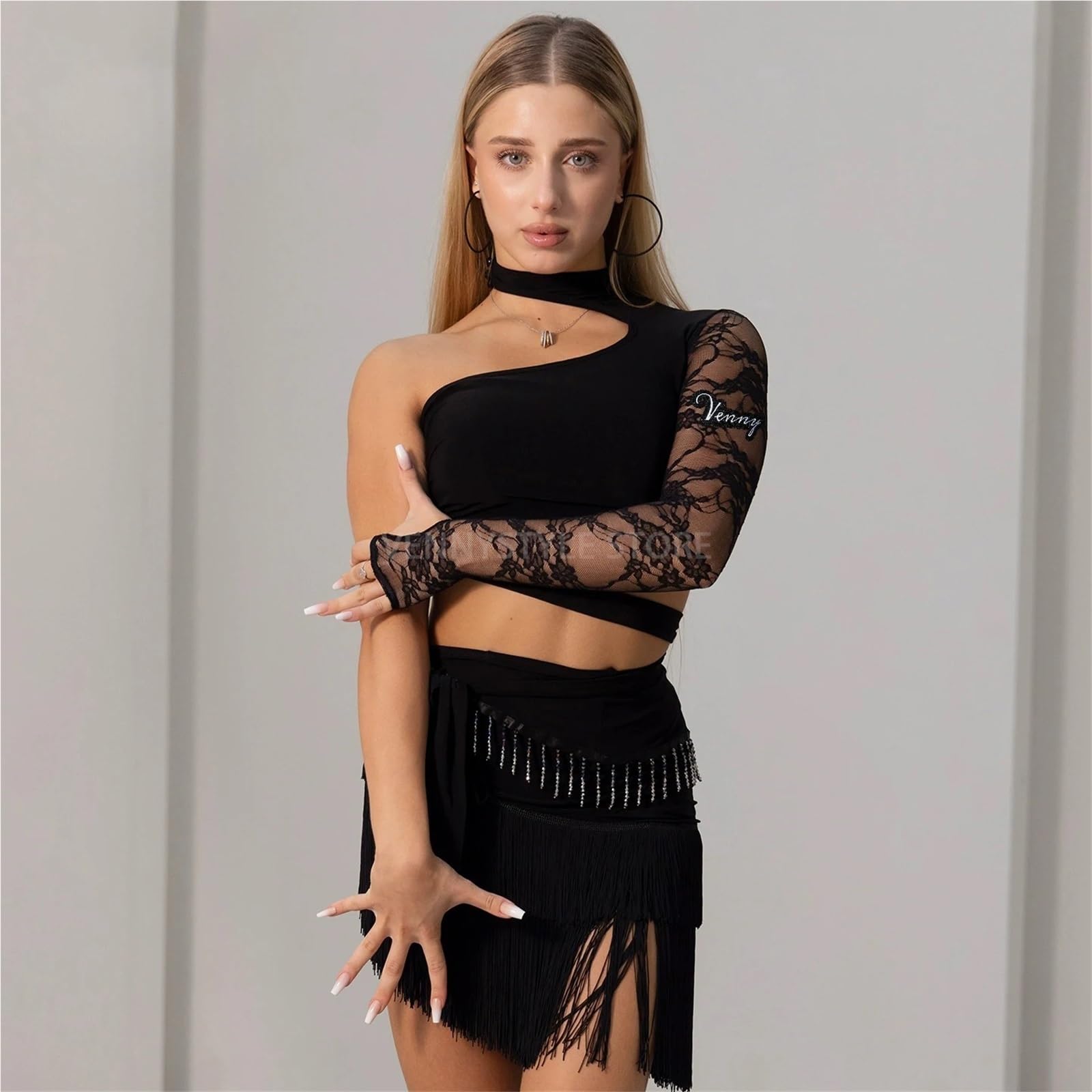 Latin Dance Dress For Women Lace Insert Top With Fringe Short Skirt Elegant Practice Set
