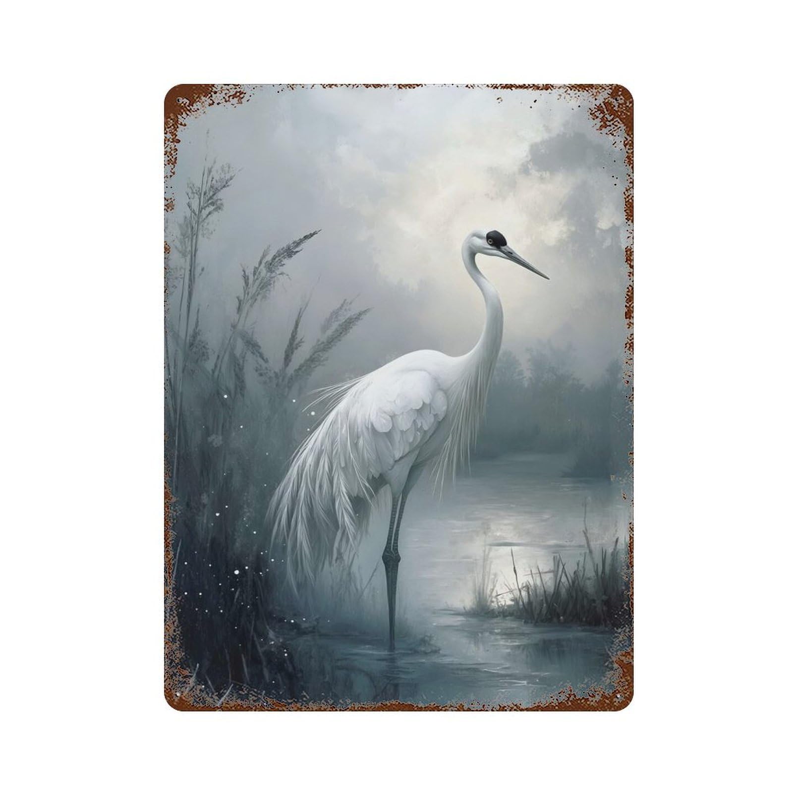 Weathered Tin Sign with Elegant White Crane in Misty Waters Design 15.7"x11.8", for Garage, Bar And Workshop Decor, Decorative Metal Wall Art