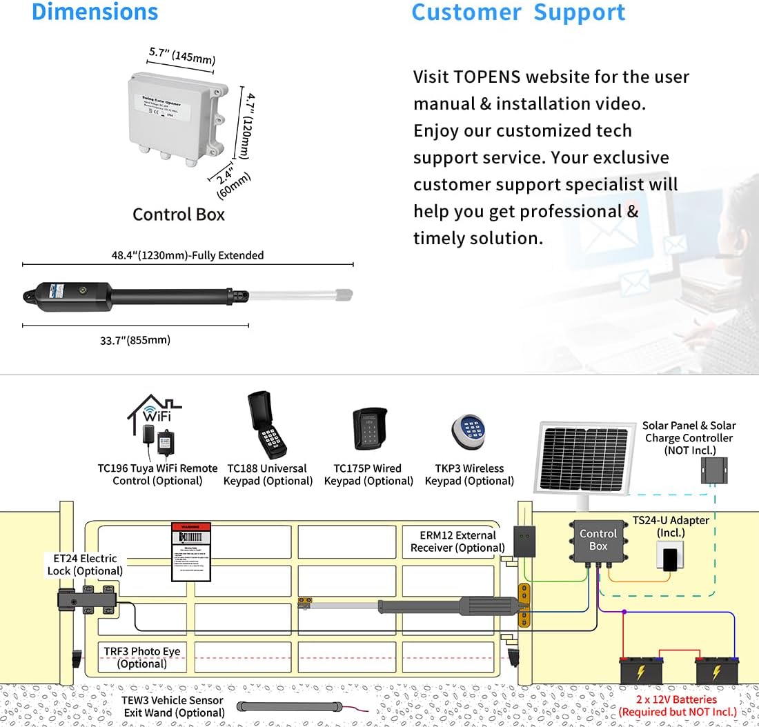 Dimensions of TOPENS A8 control box and actuator arm, with installation diagram