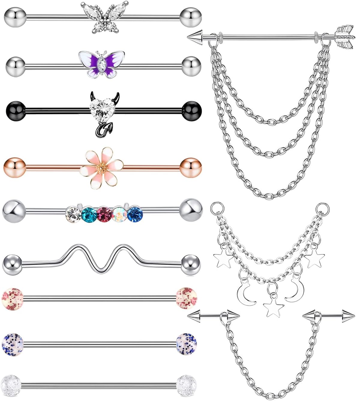 14g Industrial Barbell Surgical Steel Cartilage Earrings CZ Industrial Earring Crystal silver Gold Industrail Piercing Jewelry 1 1/2"(38mm) Bar Conch Helix Stud For Women Men