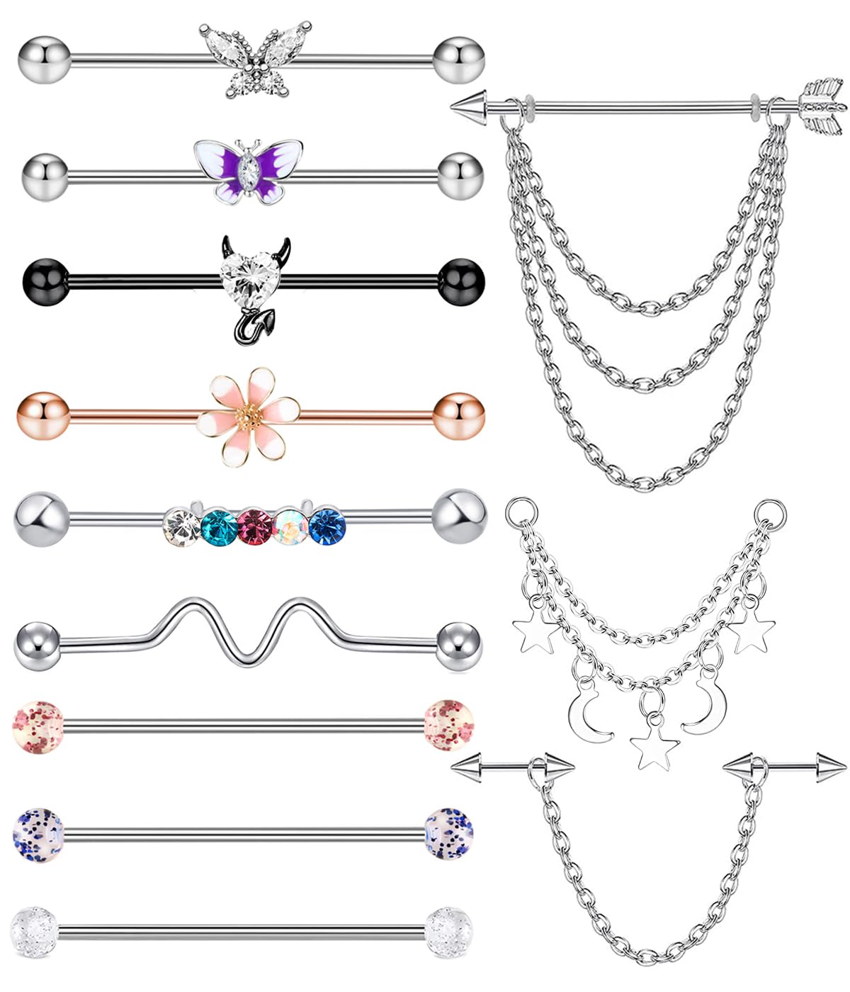 14g Industrial Barbell Surgical Steel Cartilage Earrings CZ Industrial Earring Crystal silver Gold Industrail Piercing Jewelry 1 1/2"(38mm) Bar Conch Helix Stud For Women Men