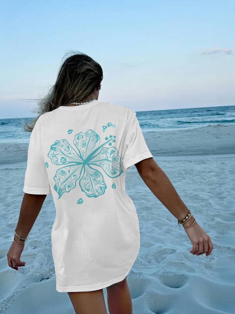 Oversized Graphic Tshirts for Women Teens Y2K Flower Short Sleeve Baggy Shirts Summer Aesthetic Beachy Coastal Tops