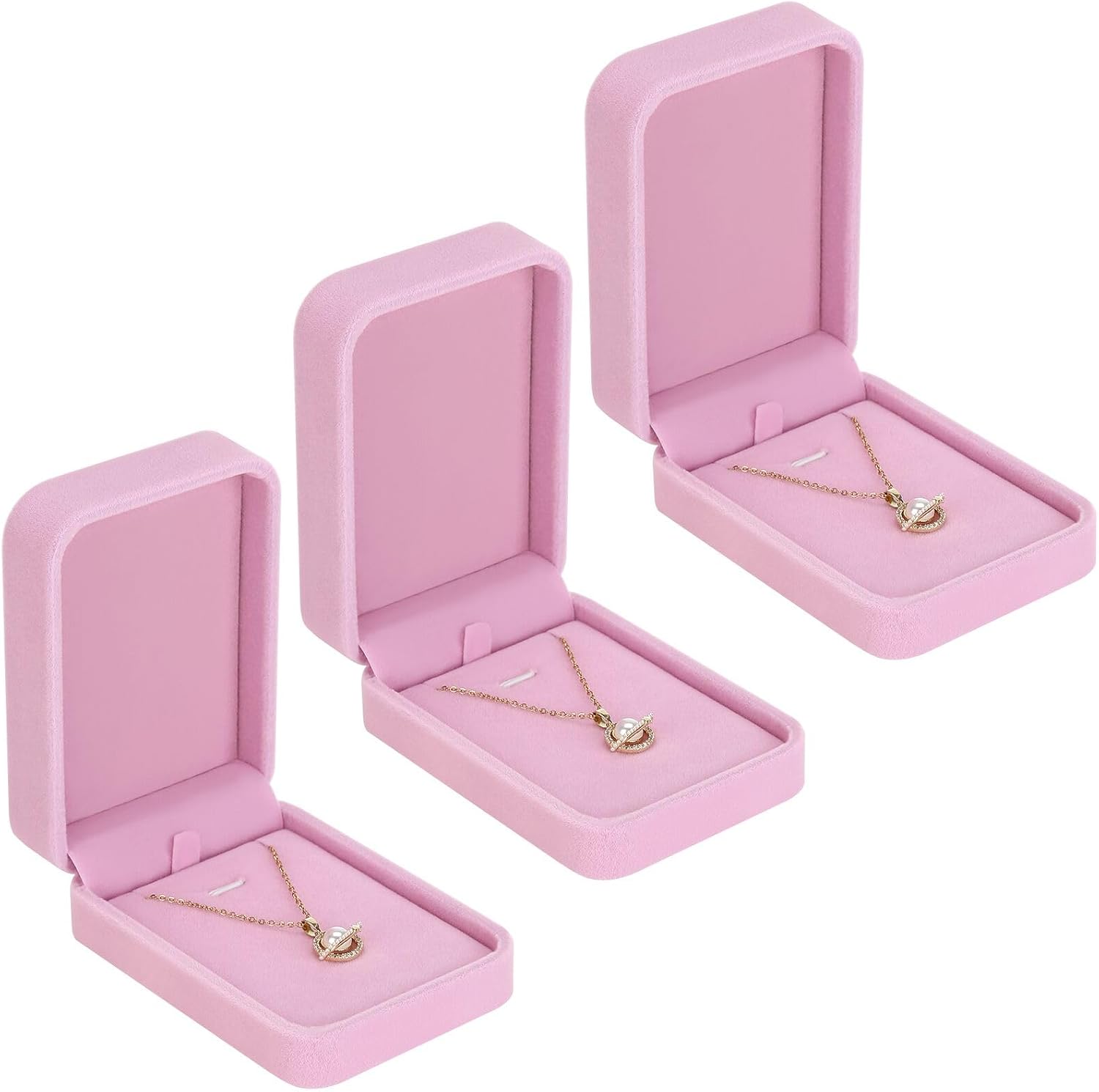 LETURE 3 Pieces Velvet Pendant Necklace Gift Boxes Set, Classic Jewelry Packaging Storage Case, Jewellry Display Box for Wedding, Engagement, Proposal, Birthday and Anniversary (Pink-3pcs)