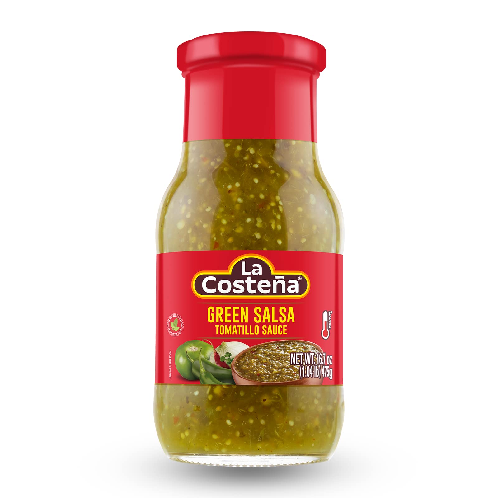 La Costeña Salsa Verde with Tomatillos, Jalapeños and Chile de Arbol Peppers, Medium Heat, 16.7 Ounce Jars (Pack of 12)