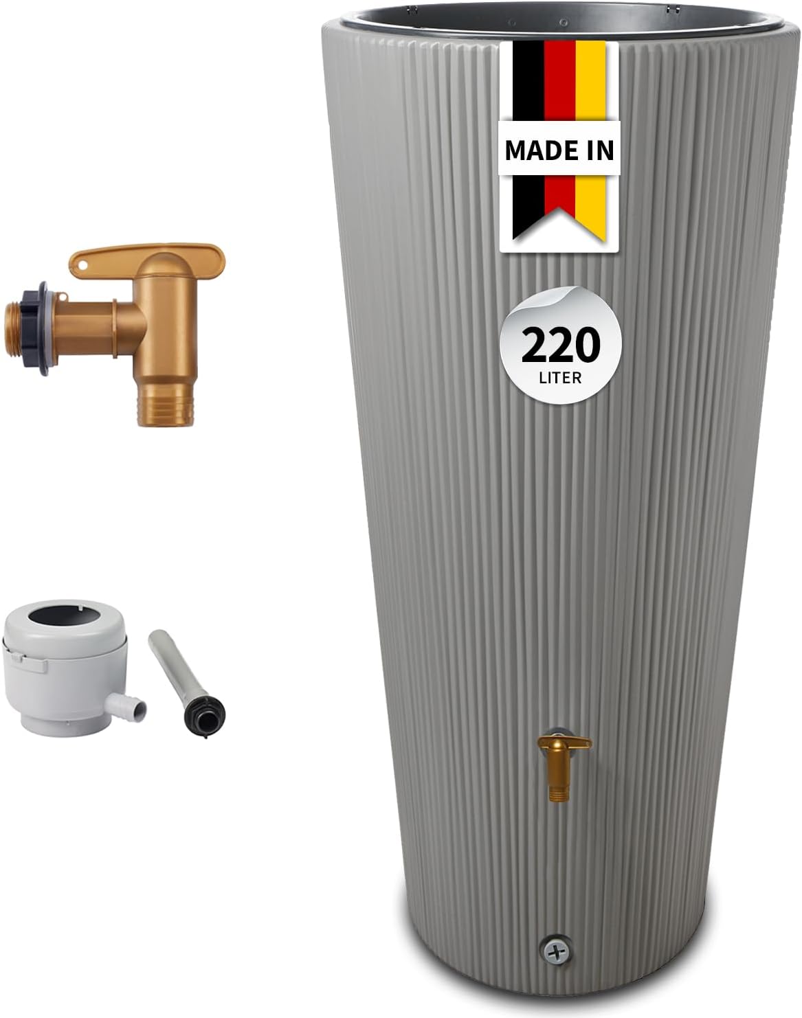 4rain Vaso 2in1 Decor Regentonne 220 Liter zinkgrau inkl. Kunststoff-Auslaufhahn und Fallrohranschluss - schlanke Form f