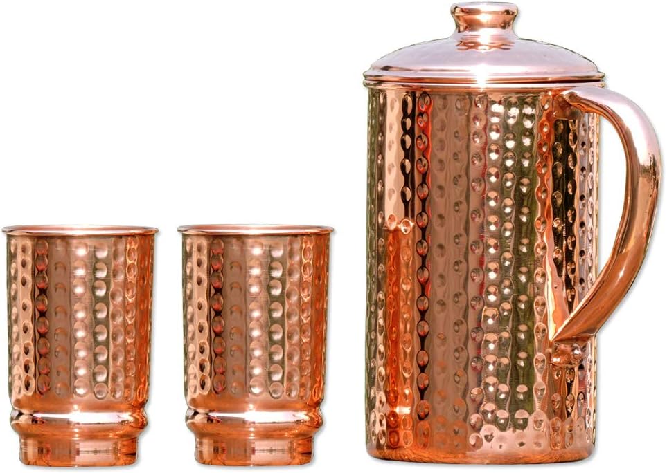 Pure Copper Ayurveda Pitcher and Tumbler Set - Hammered Design Jug with 2 Tumbers