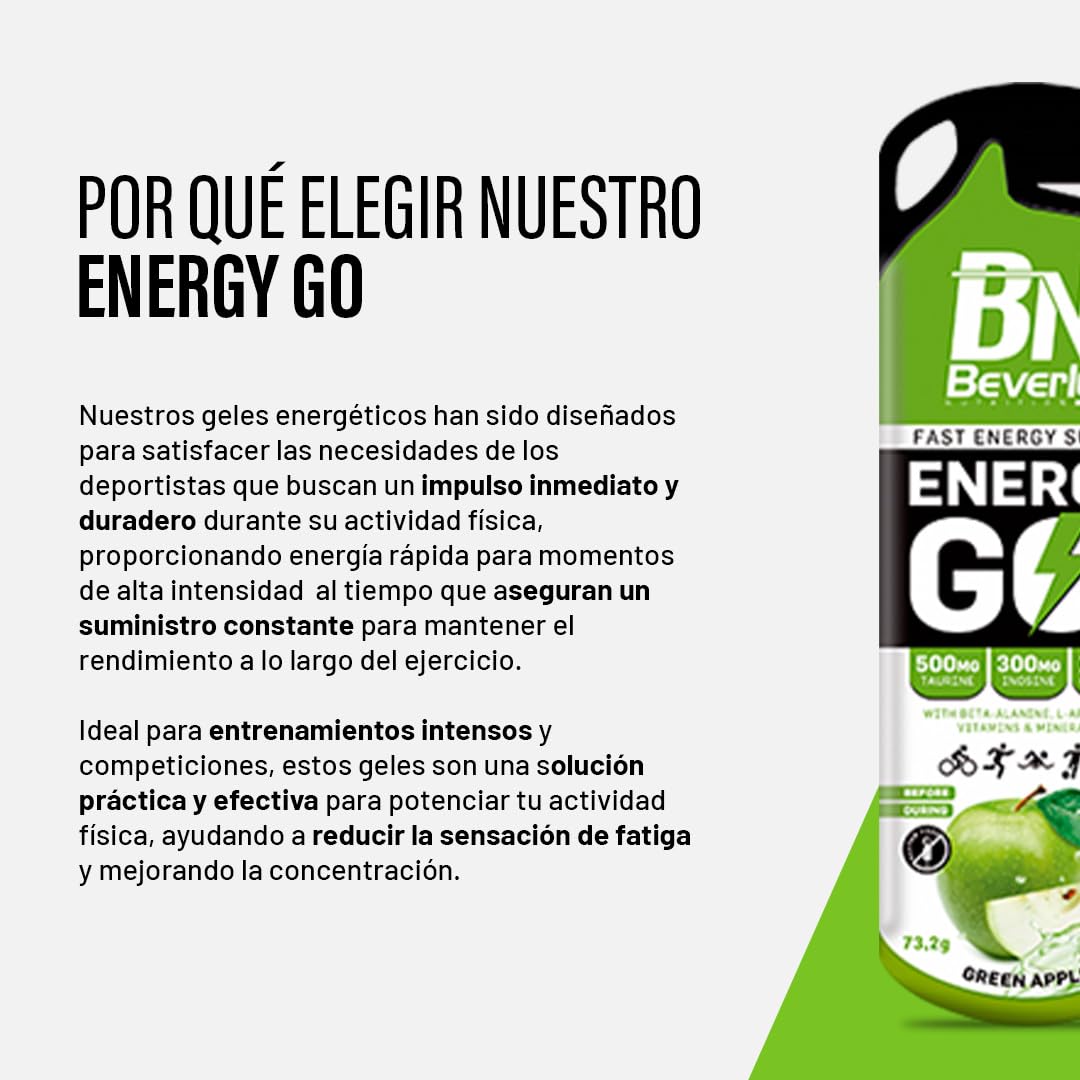Beverly ENERGY GO | Gel Energético | Estuche de 12 geles de 73 gr cada uno | Delicioso sabor | Aumento de fuerza y resistencia antes y durante el ejercicio. (MANZANA)