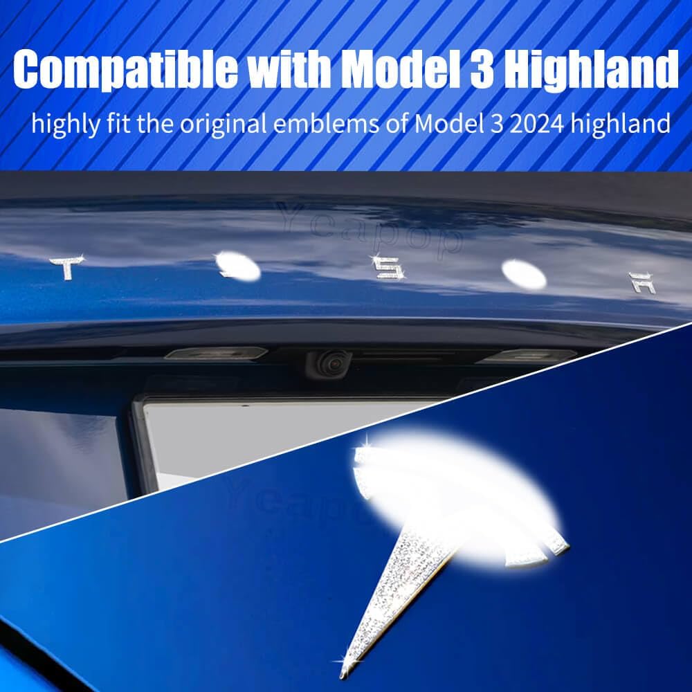 Bling Bling Rhinestone Logo Emblems for Tesla Model 3 Highland 2024, 7 Pcs Emblem Stickers for Frunk and Trunk, Bedazzled Accessories for Tesla. (Silver)