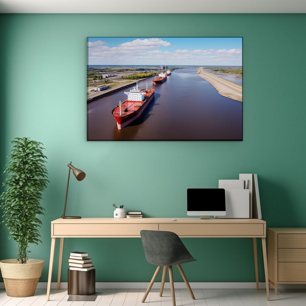 Canvas for Living room. Sailing Majestically: A Scenic Voyage of the APL London Along the City River, 27 x 18 inch Canvas Wall Art - Modern Home Decor