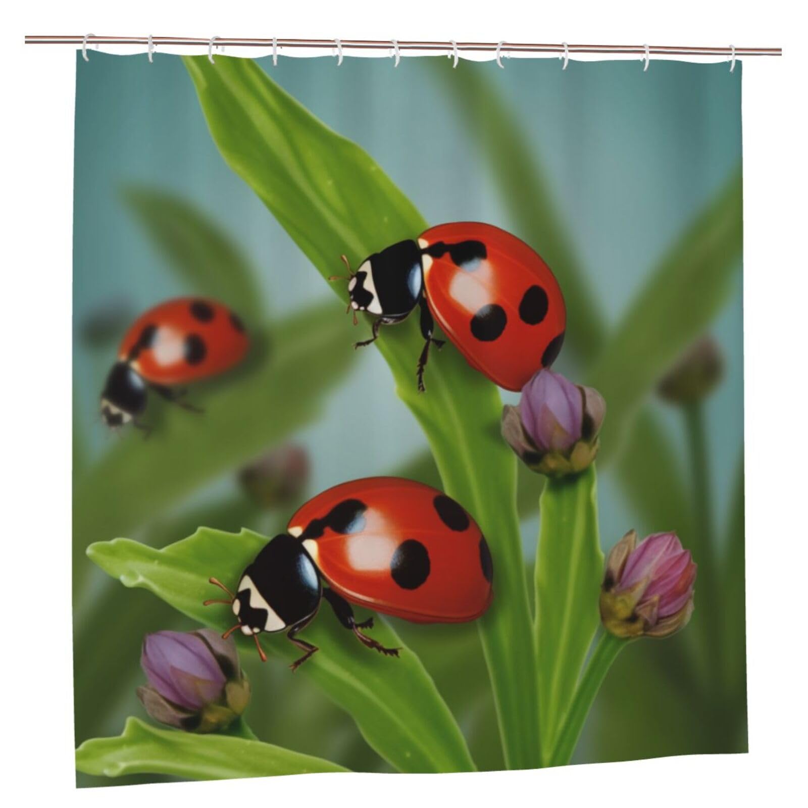 BWWHCCTI Ladybug Printed Shower Curtain With 12 Plastic Hooks Opaque Quick Drying Waterproof Shower Curtains Sets For Bathroom 183x183 CM