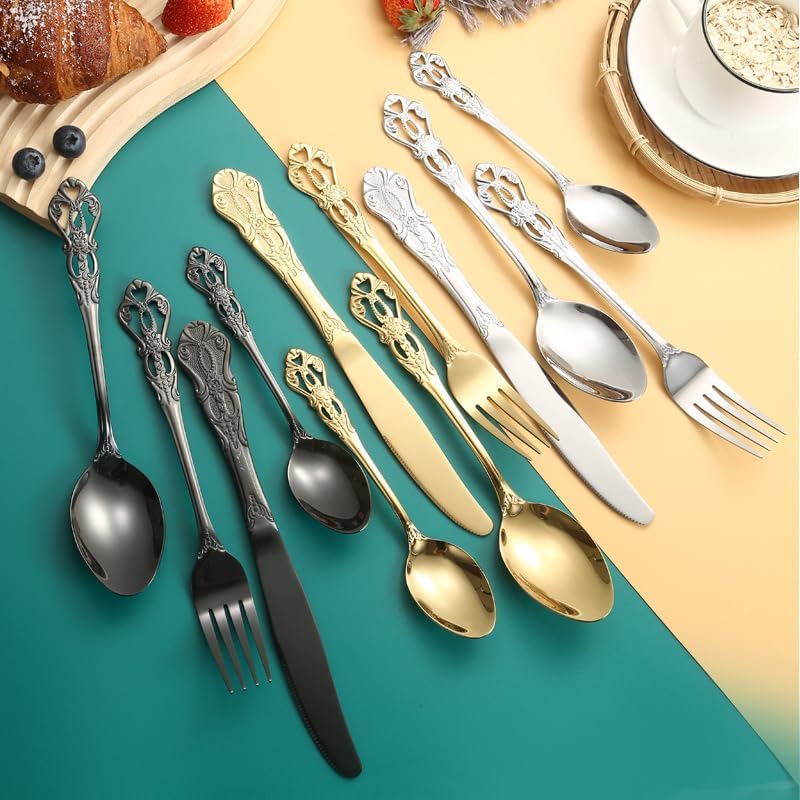 Silverware Flatware Set, 16-piece Retro Palace Stainless Steel Cutlery Steak Knife, Fork And Spoon Set Light Luxury Embossed Gift Box(Silver)