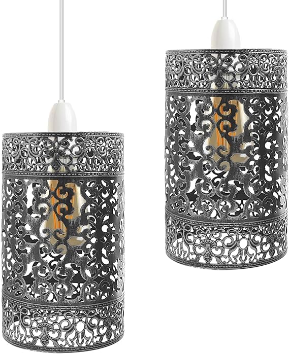 DC VOLTAGE Industrial Easy Fit Metal Cage Drum Lampshade Ceiling Pendant Lampshade with Reducer Plate for Living Rooms Bedroom Kitchen Dining Room (2 Pack Brushed Silver B6)