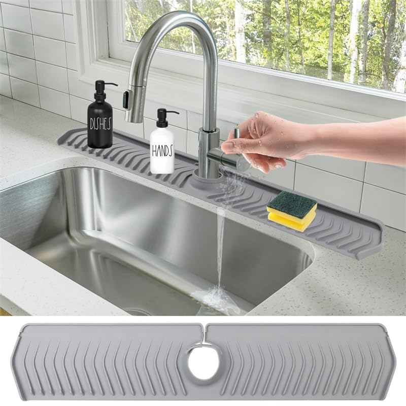 Kitchen Sink Splash Mat Silicone Faucet Handle Drip Catcher Tray Thickness and Slope Upgraded Sink Splash Guard Behind Faucet Protector Mat for Kitchen 30" X 5.7" (Grey)