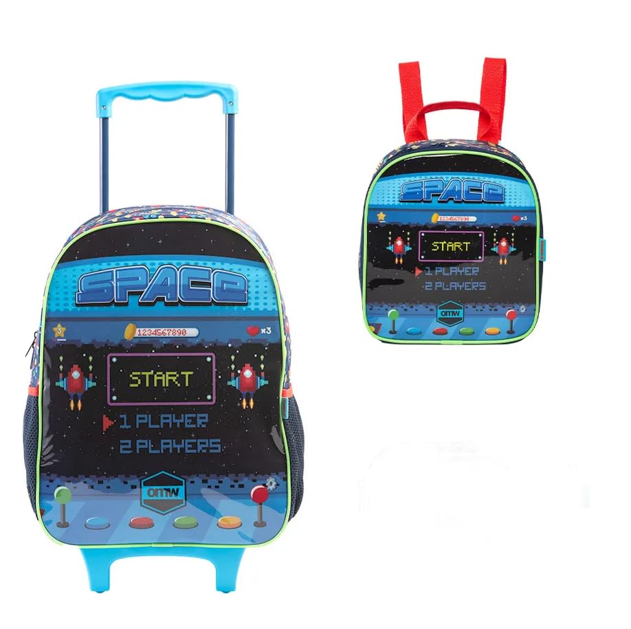 Xeryus Mochila Escolar com Rodinhas e Lancheira, Tema Game Space, Kit 2 Peças
