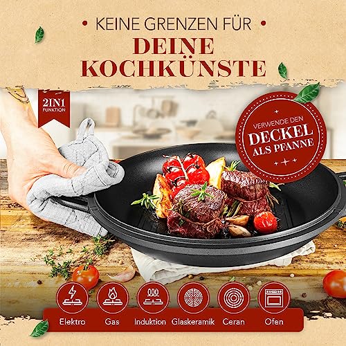 Foto von KRUSTENZAUBER 28cm Aluguss Bräter mit Deckel backofengeeignet [inkl. Glasdeckel] - 6L Aluminium Schmortopf & Bratpfanne - Idealer Bräter Induktion, Schmorpfanne, Bratentopf, Gussbräter, Kasserolle