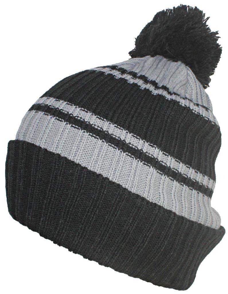 Best Winter Hats Quality Striped Beanie with Solid Cuff & Matching Pom - Black/Gray
