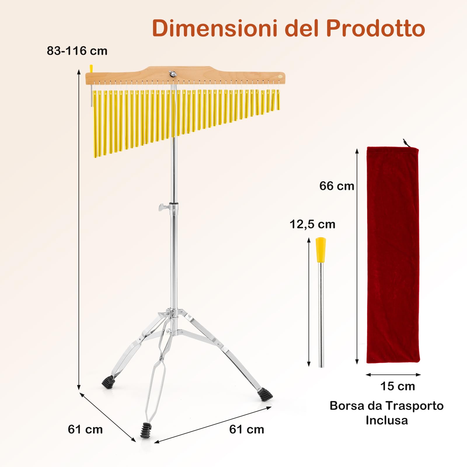 COSTWAY Campane a 36 Barre, Campane Tubolari a Fila Singola con Supporto per Treppiede Pieghevole e Regolabile, Bacchetta e Borsa da Trasporto, Strumento a Percussione Portatile per Adulti