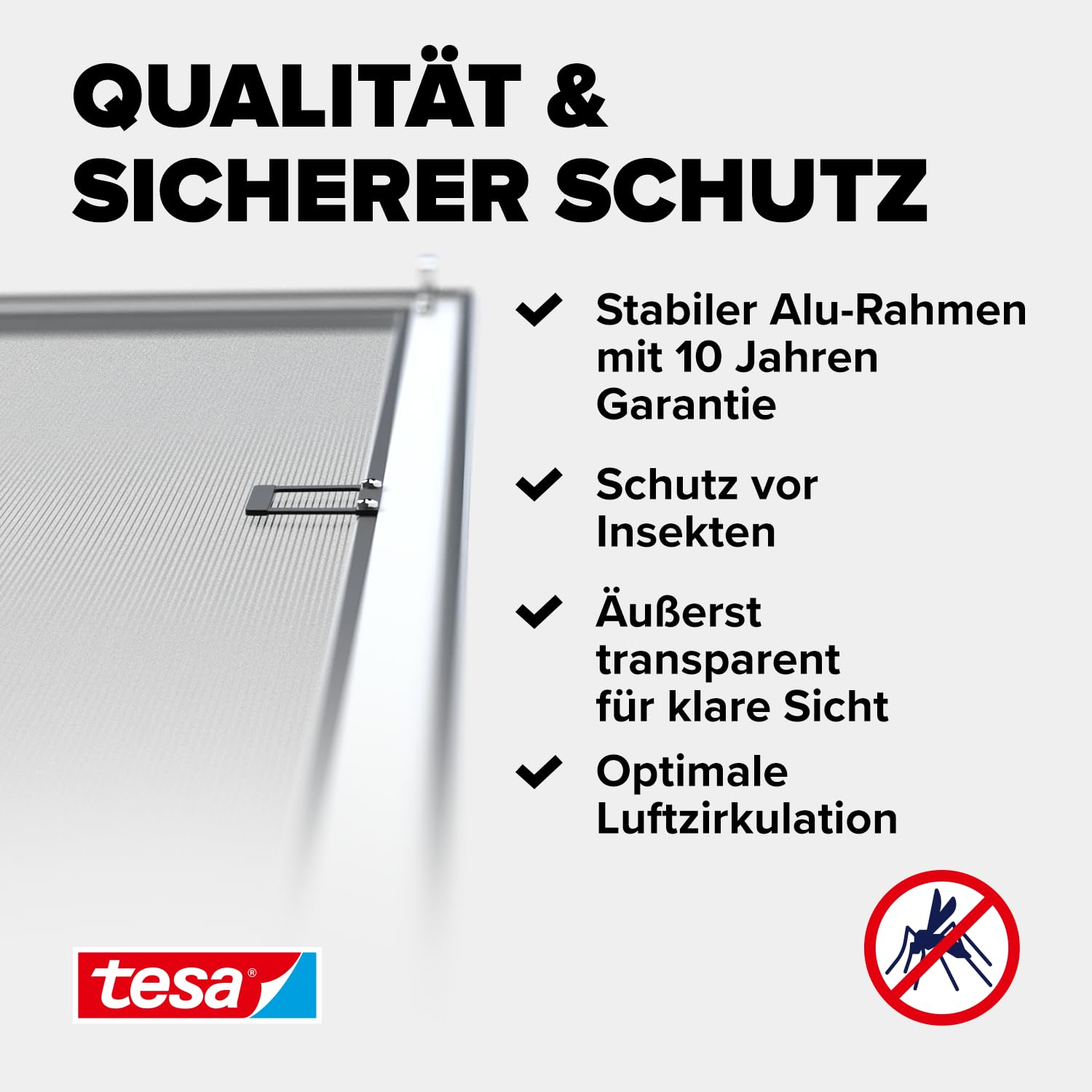 tesa INSECT STOP Fliegengitter Aluminium-Spannrahmen nach Maß für Fenster, vormontiert & einbaufertig, hochwertig verarbeitet, perfekter Schutz, gute Durchsicht, ohne Bohren, passgenau bis 120x140cm