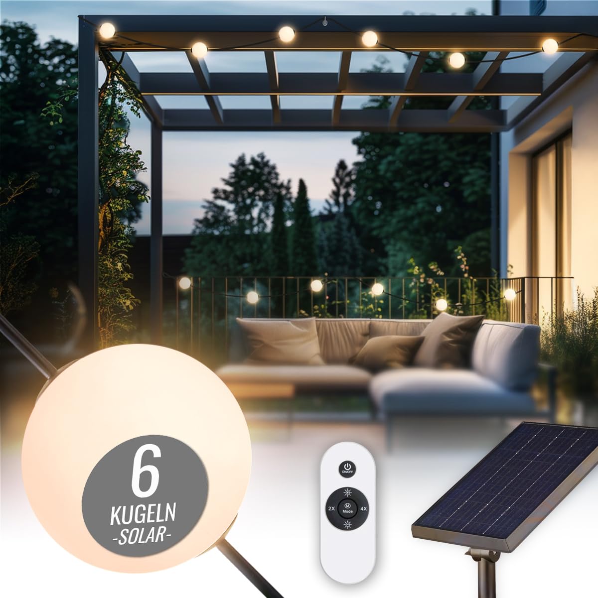 8 seasons design Solar Lichterkette Garten, 5,5m - Glowing Elegance - dimmbar, 6 weiße Kugeln (10 cm D), LED warmweiß, Akku, für außen & innen, inkl. Fernbedienung, mit USB-C aufladbar