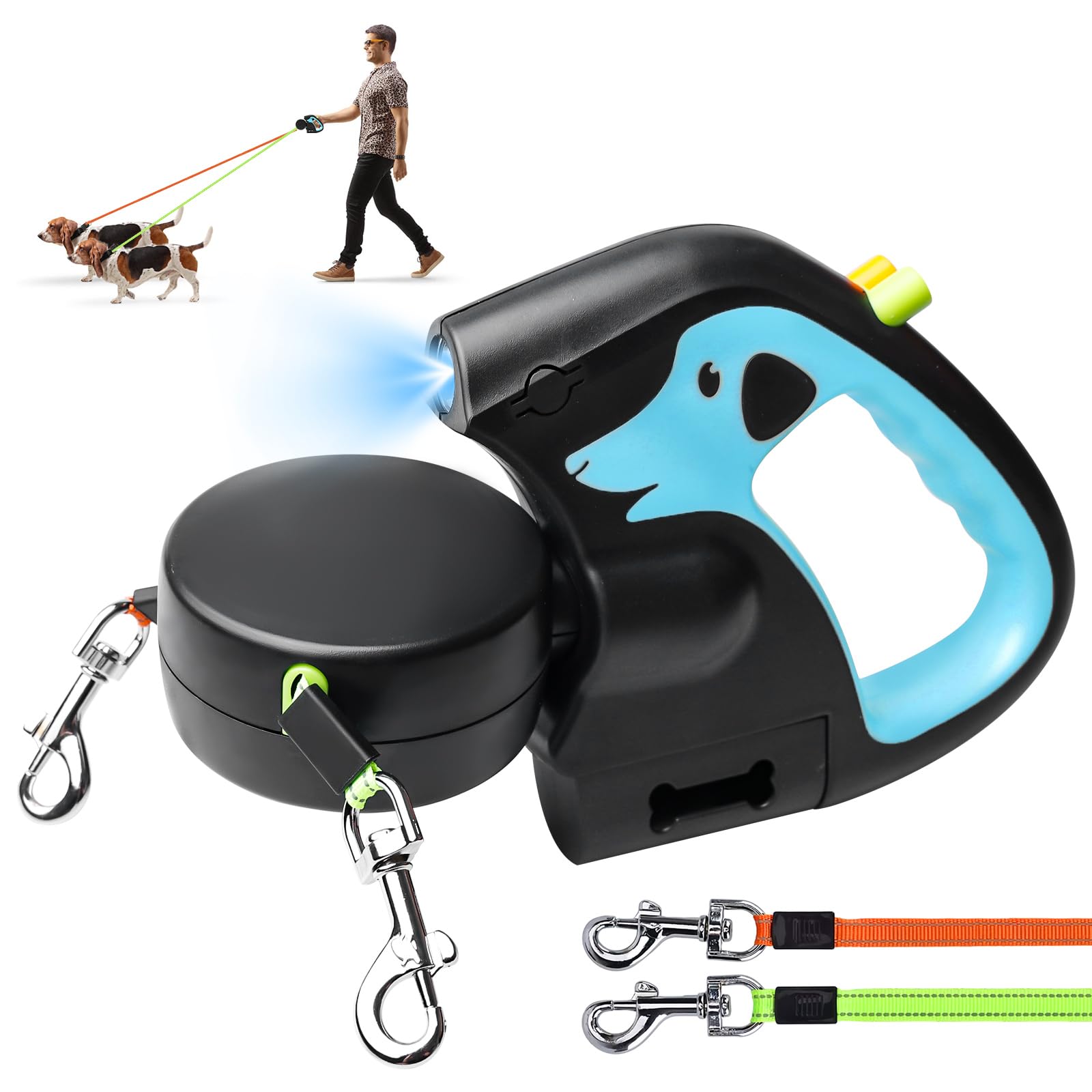 Doble correa retráctil para perros, correa enrollable con luz LED, doble correa extensible para perros de 3 m, flexible, mango antideslizante, botón de freno rápido para perros pequeños y medianos