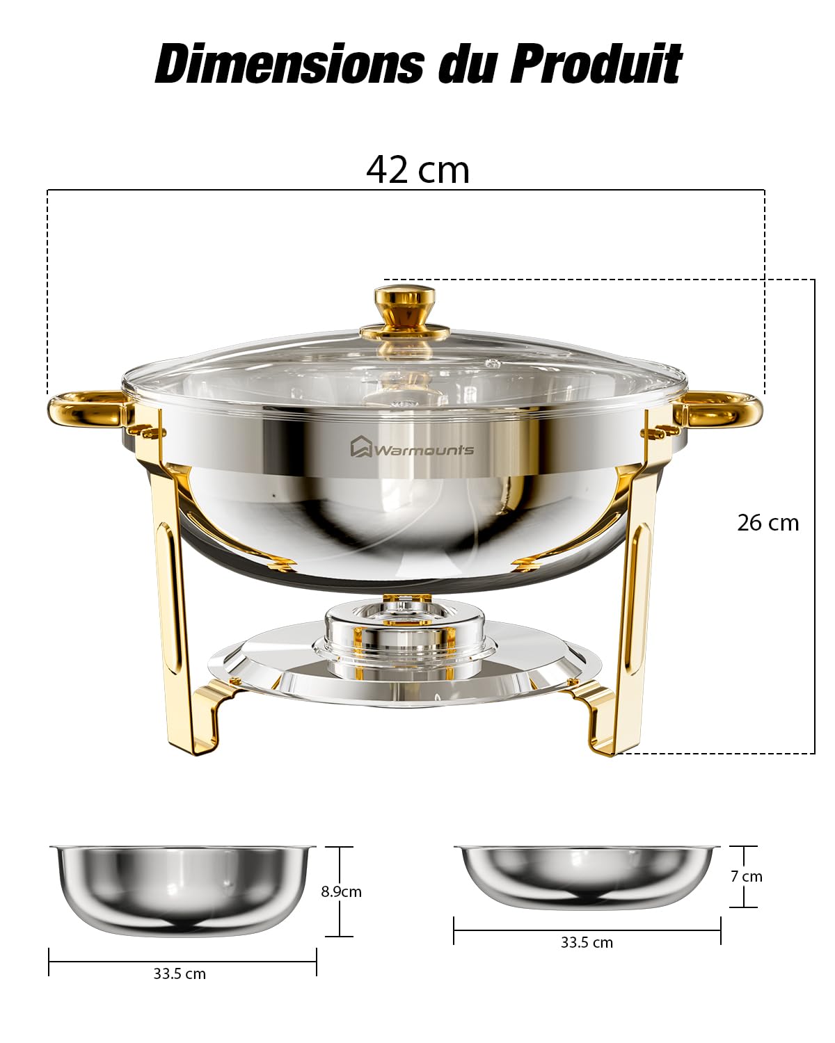 WARMOUNTS Lot de 4 Chafing Dish Argent & Doré 5 L, Réchaud à Buffet avec Couvercle en Verre, Buffets Chauffants en Acier Inoxydable Idéal pour Fêtes, Événements, Mariages, Dîners, Noël et Camping