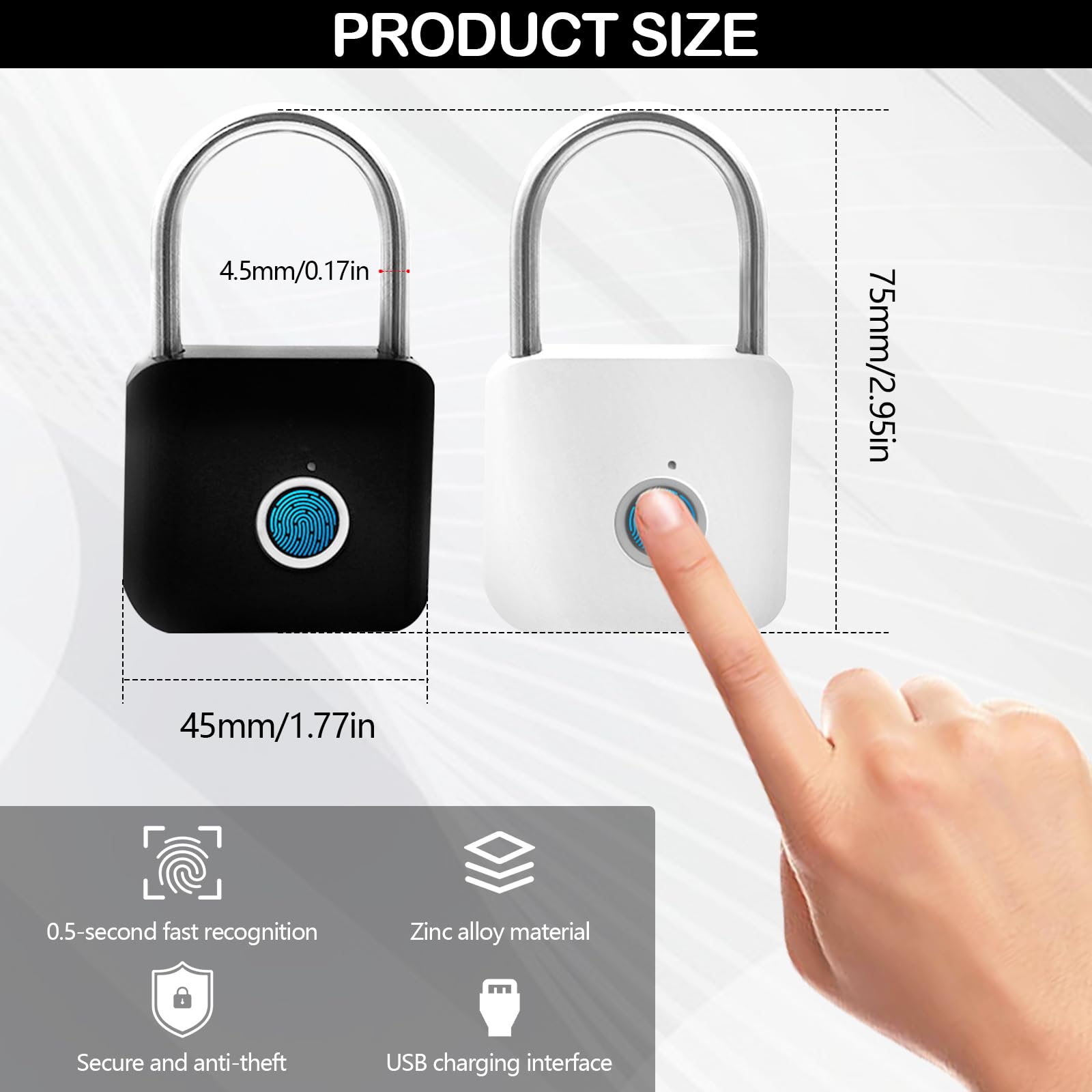 Lucchetto con Impronta Digitale, 2 Pezzi Lucchetto Armadietto in Lega di Zinco da 130 mAh con Archetto di Bloccaggio in Acciaio Inossidabile 304 e Chip a Semiconduttore per Armadietti Palestre