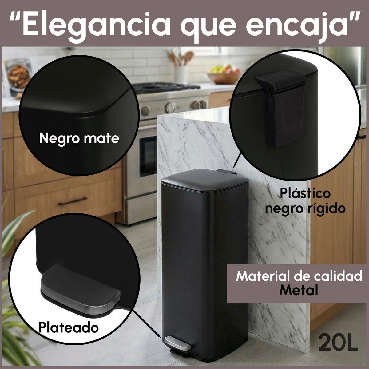 Cubo de Basura de 30 Litros de Acero Inoxidable Negro de 37x27x65 cm. Papelera con Cubo Interior Extraíble de Polipropileno con Asa y Apertura con Pedal