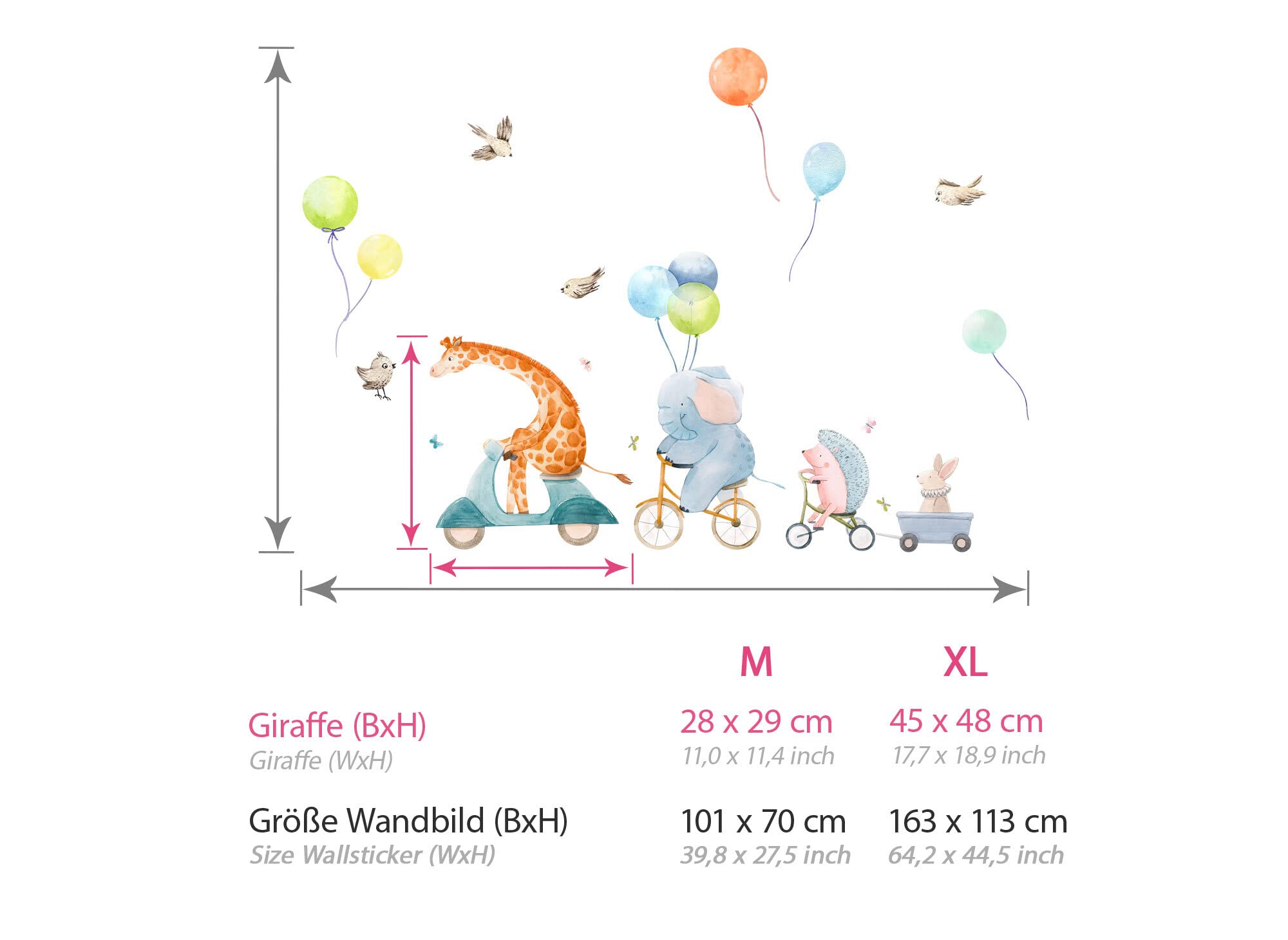 Little Deco Wandsticker Tiere mit Luftballons Wandtattoo Giraffe Elefant Baby Kinderzimmer Wandaufkleber Deko DL821-4