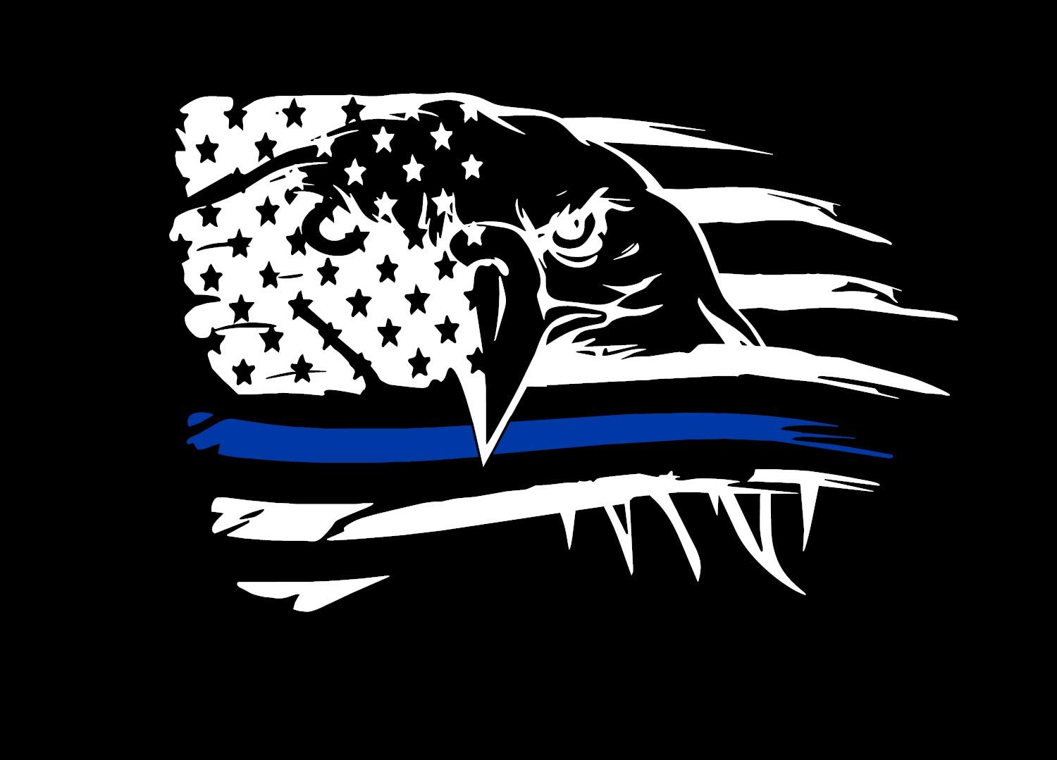 Blue Line Tattered Distressed American Flag Bald Eagle Police SupportVinyl Decal Sticker (Gloss Black) (Gloss Black)